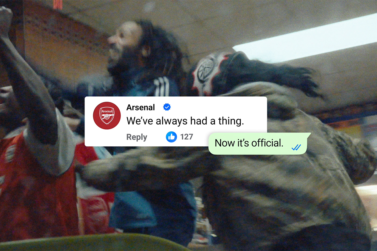 Football fans celebrating with copy from Arsenal social page saying We've always had a thing