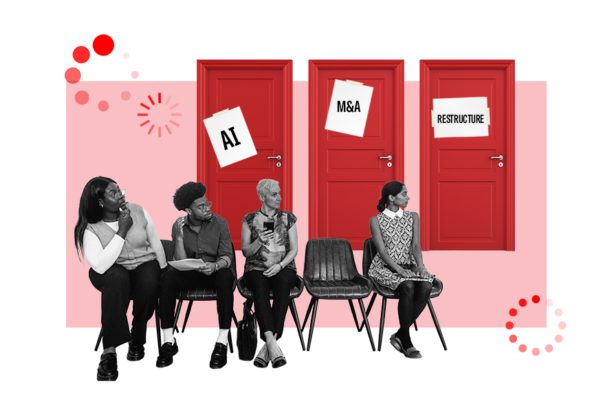 Graphic illustration with a group of four people seated in a row in front of three red doors with signs on - left to right - AI, M&A and restructure