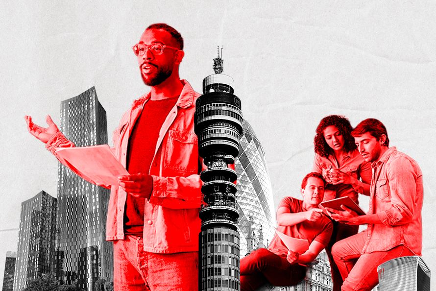 Group of people sharing ideas and one leading the pitch with city skyline in background 