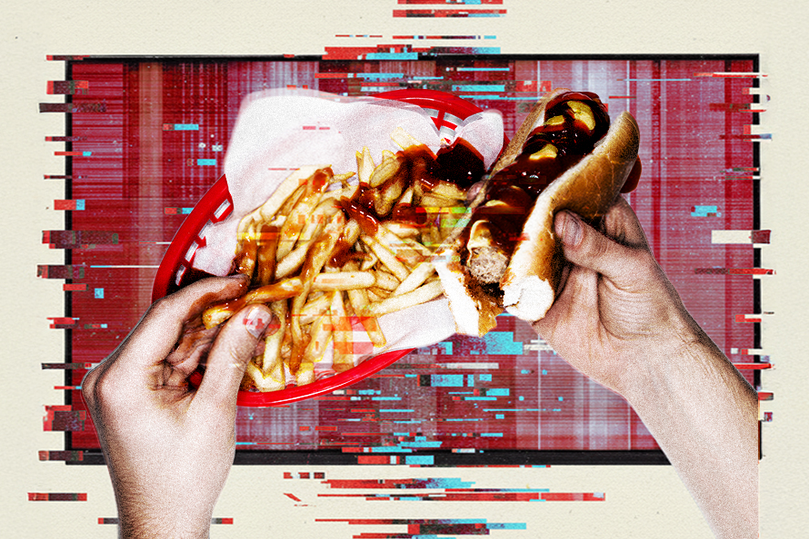 TV screen with a pair of hands holding a hotdog and some chips glitching