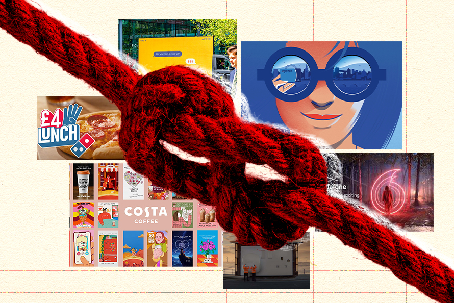 Graphic of brand ads with large image of knotted rope overlaid