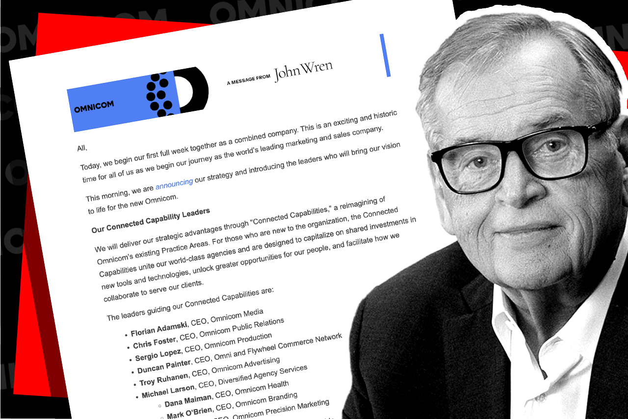 Montage of black and white headshot of John Wren juxtaposed with memo sent to Omnicom staff