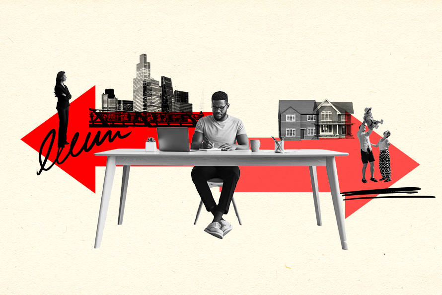 graphic of a man seated a desk with office block skyline to his left = and a house with a family group on the right