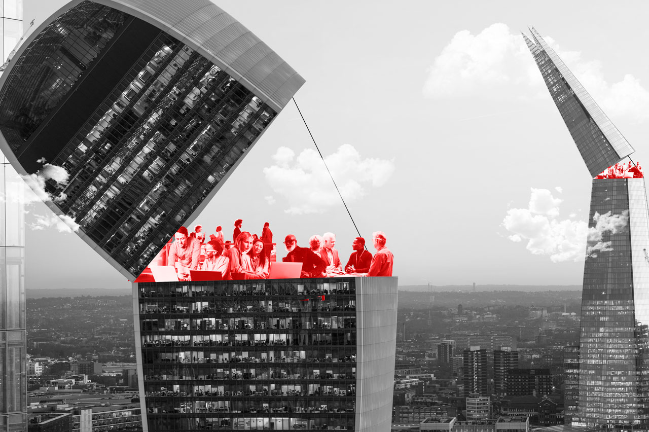 Image of office tower with flip top and oversized people seemingly sitting working inside 