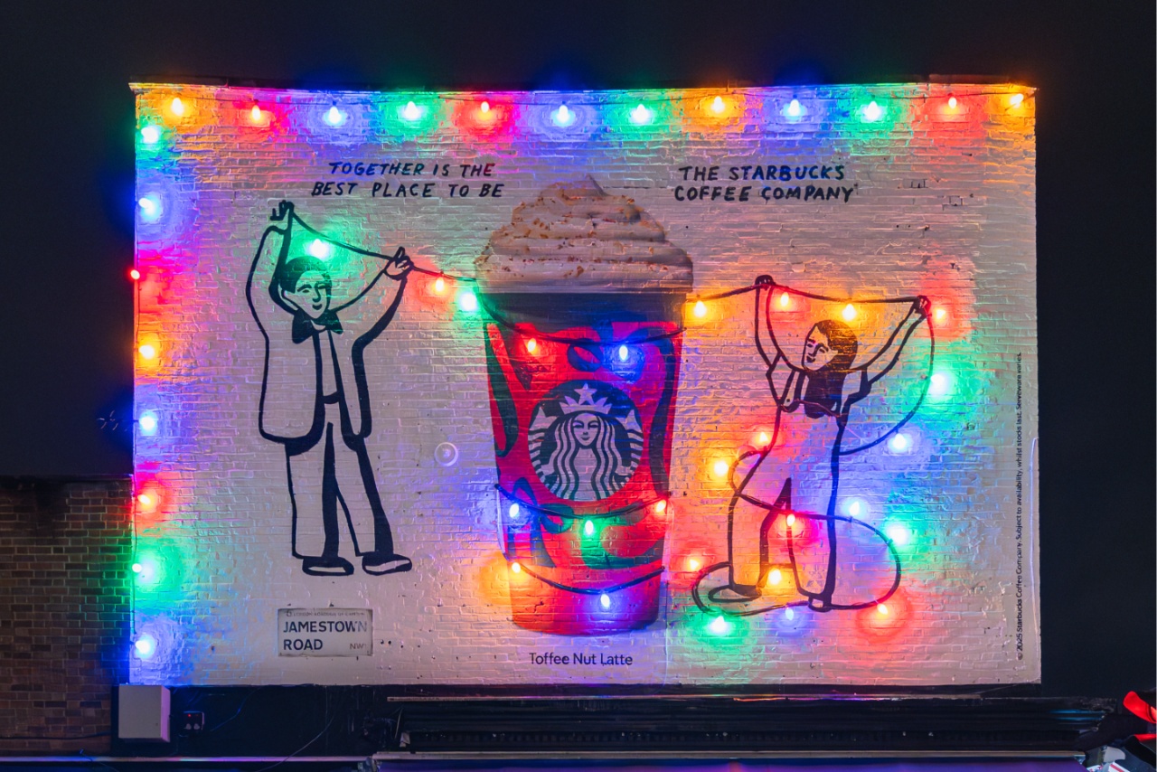 Poster of Starbucks Christmas cup covered in lights by two hand-drawn people 