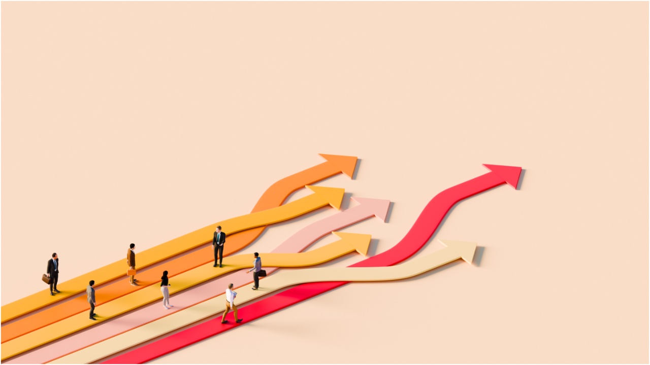 Illustration of office workers on a grid made up of six arrows