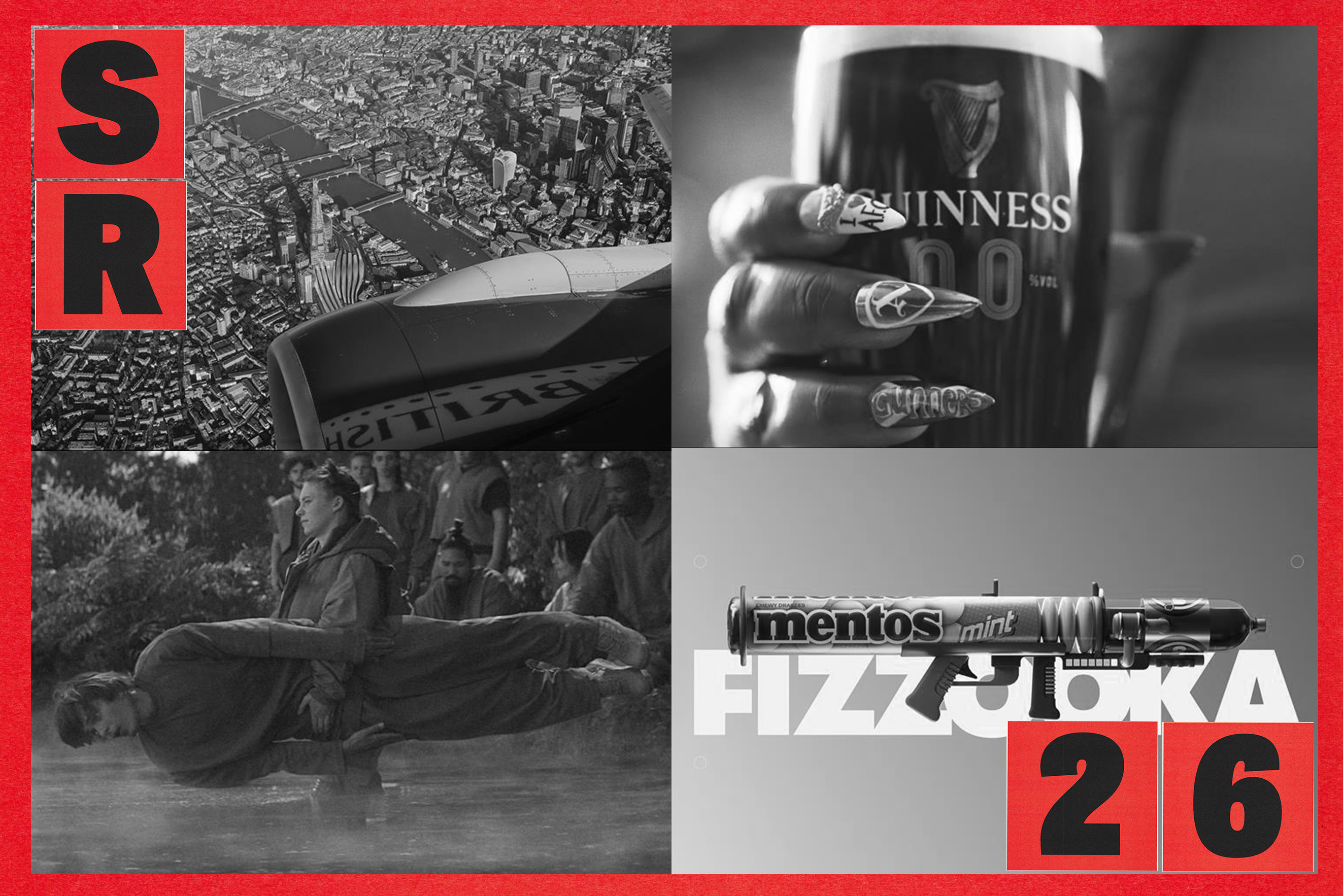 Collage of stills from ads for British Airways, Guinness Zero, KFC and Mentos' Fizzooka