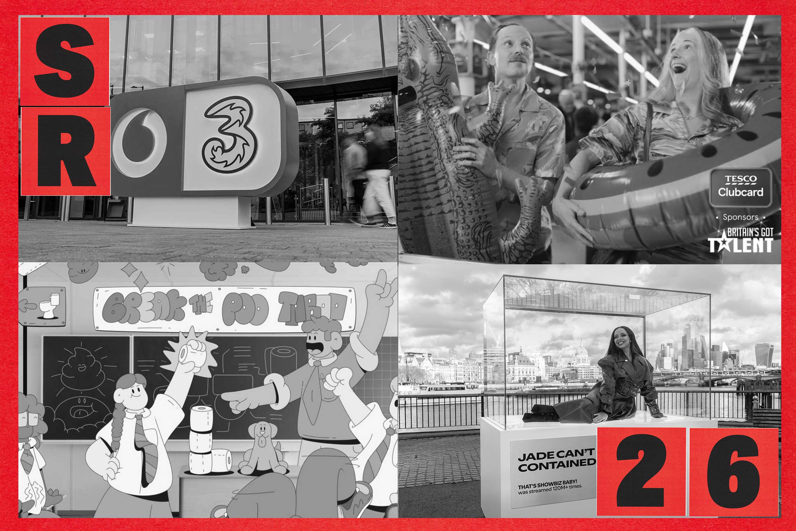 Clockwise from top left: VodafoneThree, Tesco, Spotify and Andrex campaigns. 