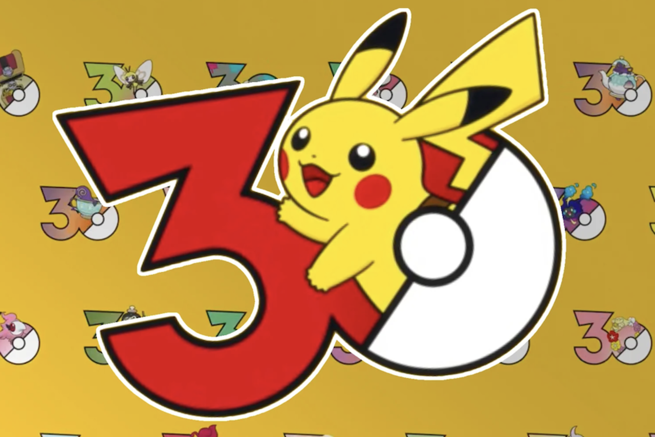 Pokemon 30th anniversary graphic with a pikachu poking out
