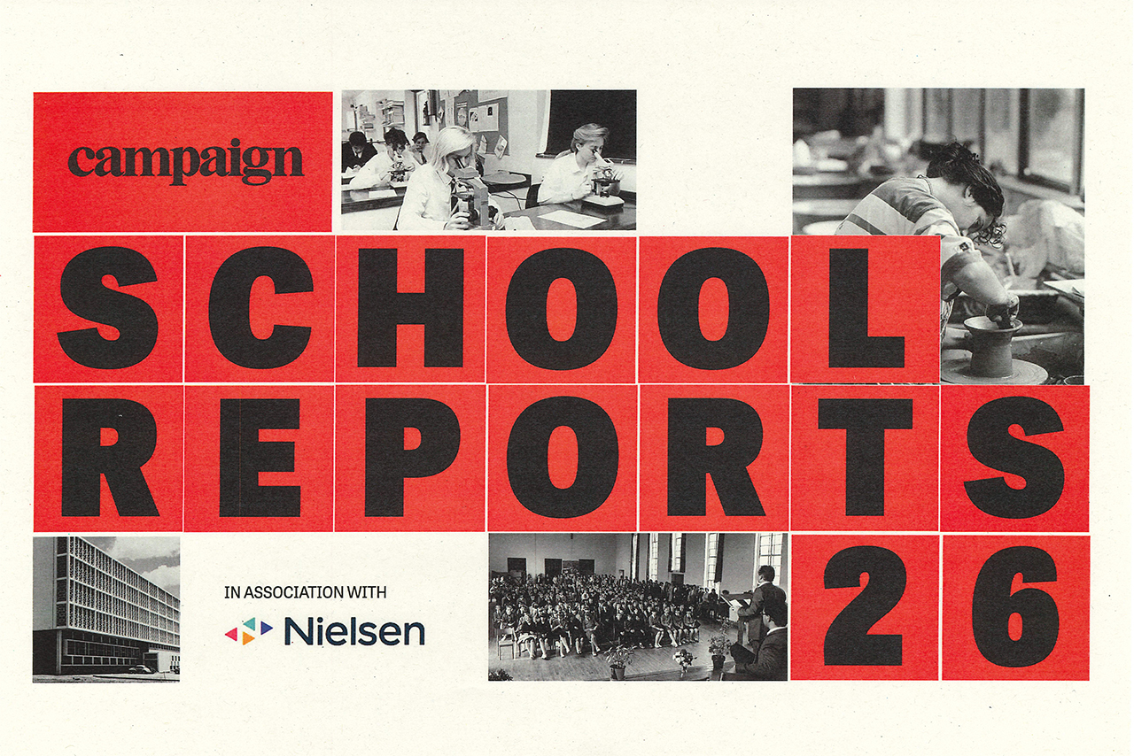 School Reports 26 spelled out over blocks with black and white images of school scenes 