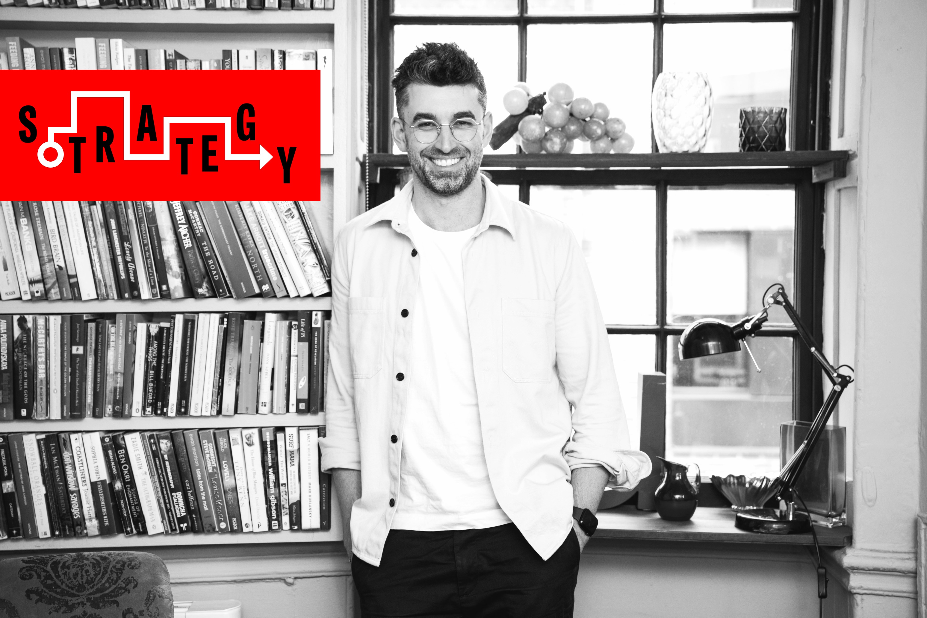 A black and white headshot of BBH London's Will Lion with the word 'strategy' in a red rectangle