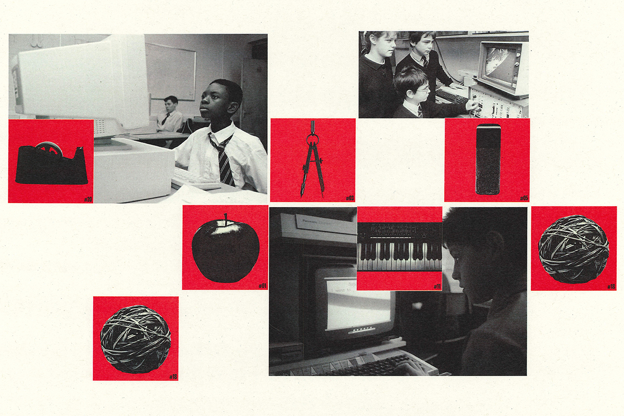 Image showing a collage of schooling-related visuals, such as a compass and computer