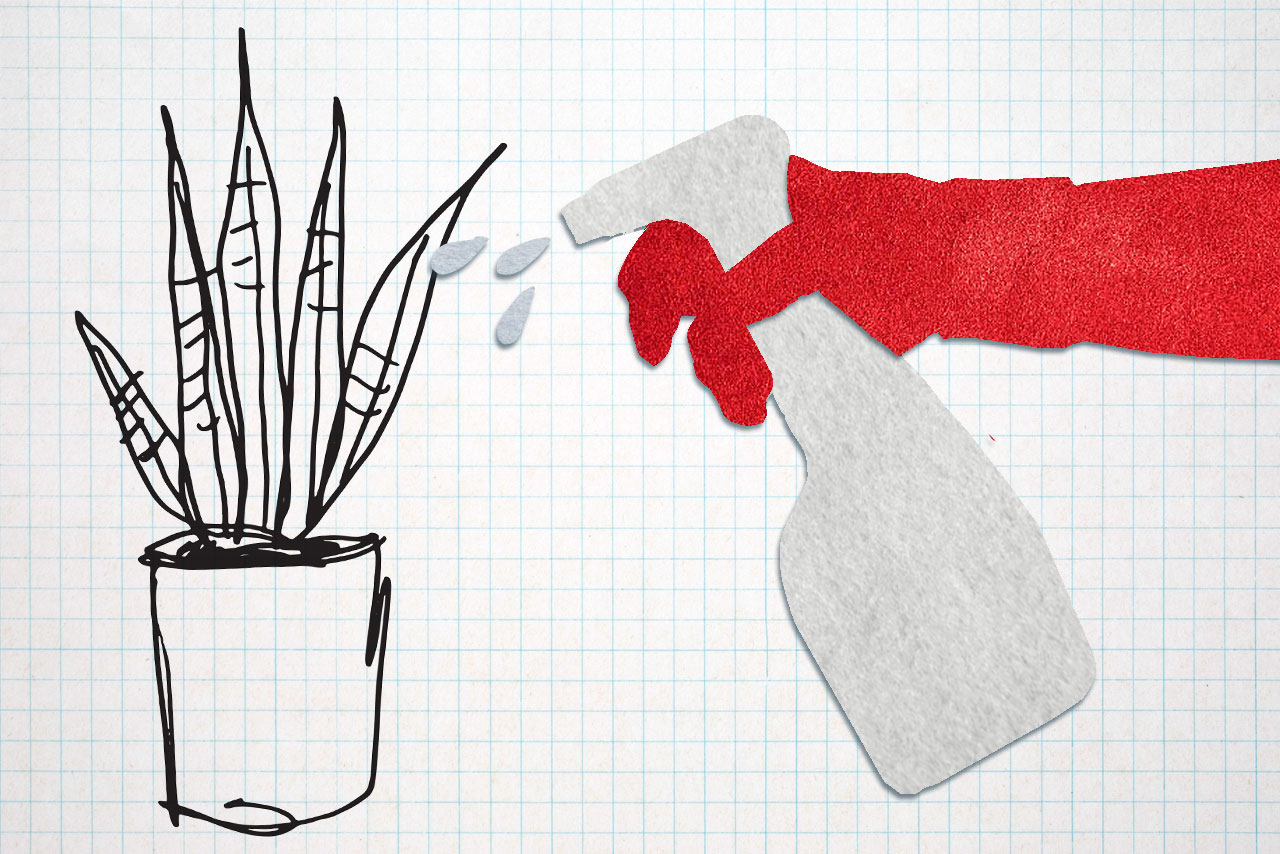 'fuzzy felt'- style image of red gloved hand holding a spray bottle and spraying a potted plant