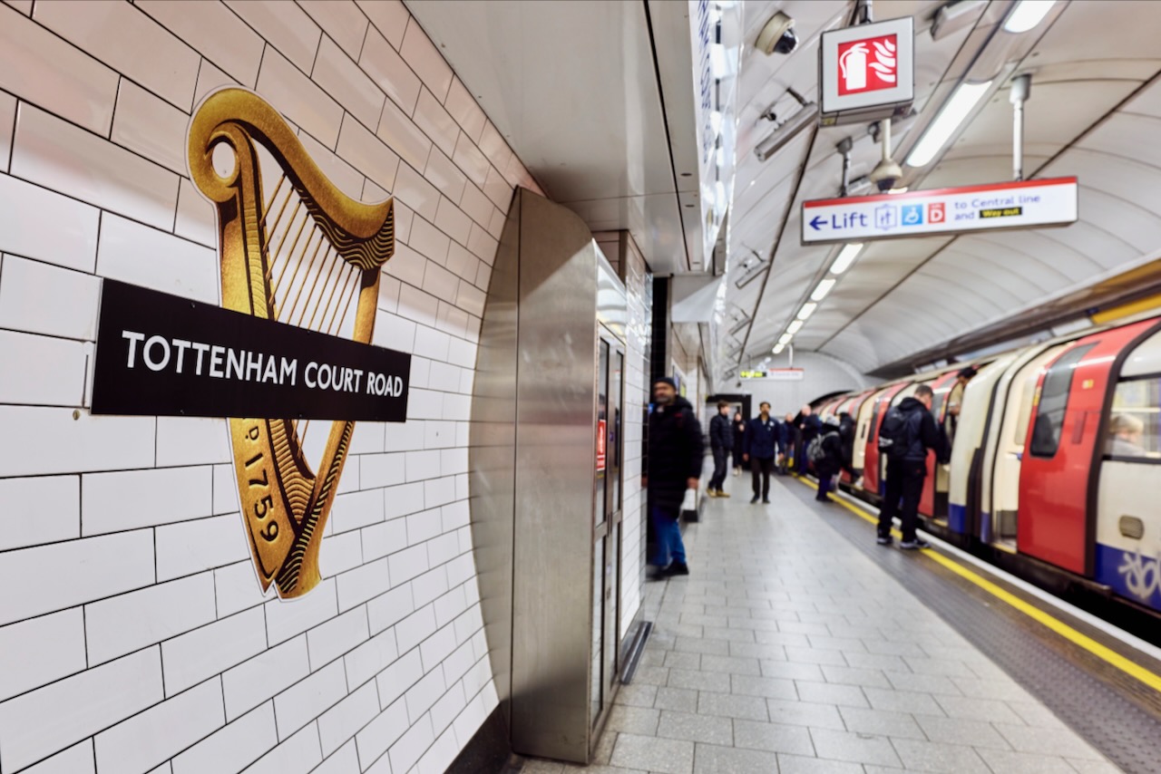 The Guinness harp replaces the usual London Underground roundel at Tottenham Court Road