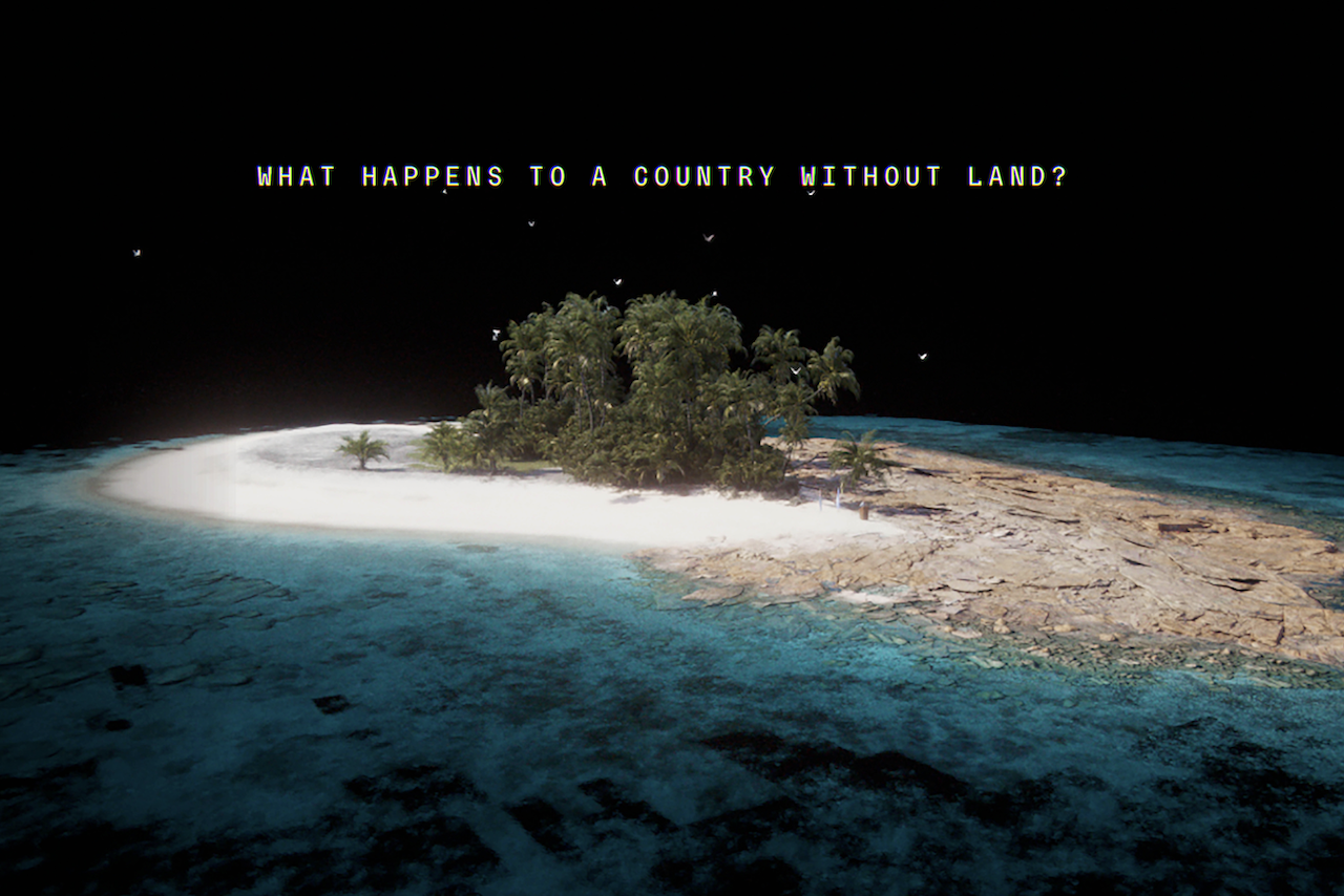 Promotional graphic for "The Last Digital Nation", depicting the nation of Tuvalu being being submerged by water