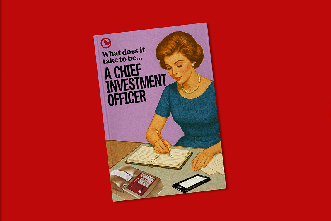 IMage of a book cover with a woman writing in a notebook with the words What does it take to be... A chief investment officer.